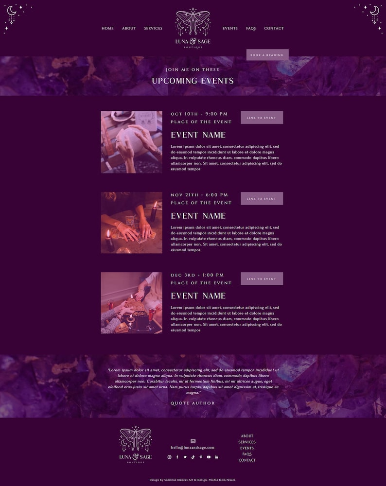 May include: Purple and white website design for Luna & Sage Boutique, featuring a calendar of upcoming events with dates, times, and links to events. The website also includes a quote from an unknown author.