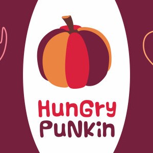 May include: A red and orange pumpkin with a white outline, a fork, a spoon, a carrot, a tomato, a bell pepper, and an eggplant. The text "Hungry Punkin" is written in white letters on a white background.
