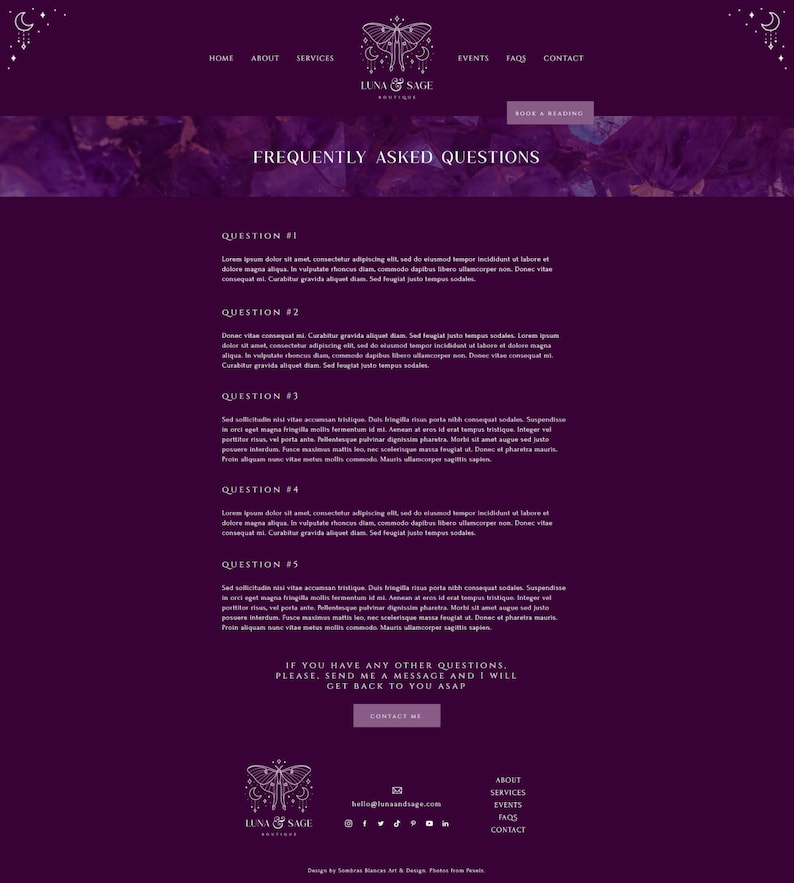 May include: Purple website page with a butterfly logo and the text "Luna & Sage Boutique". The page features a section titled "Frequently Asked Questions" with five questions and answers.