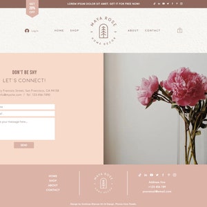 May include: A website homepage for Maya Rose Home Decor, featuring a pink background with a contact form and a photo of pink peonies in a vase. The website's logo is a stylized tree with the text "Maya Rose Home Decor".