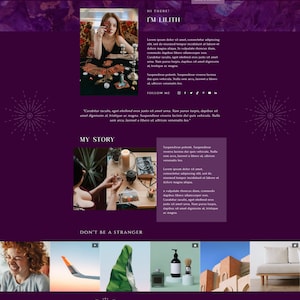 May include: A website homepage for Luna & Sage Boutique, a business that offers readings and services related to spirituality and witchcraft. The website features a purple background with a butterfly logo and text that says "Hi There! I'm Lilith". The text is accompanied by an image of a woman holding tarot cards in front of a dark background with candles and other occult objects.