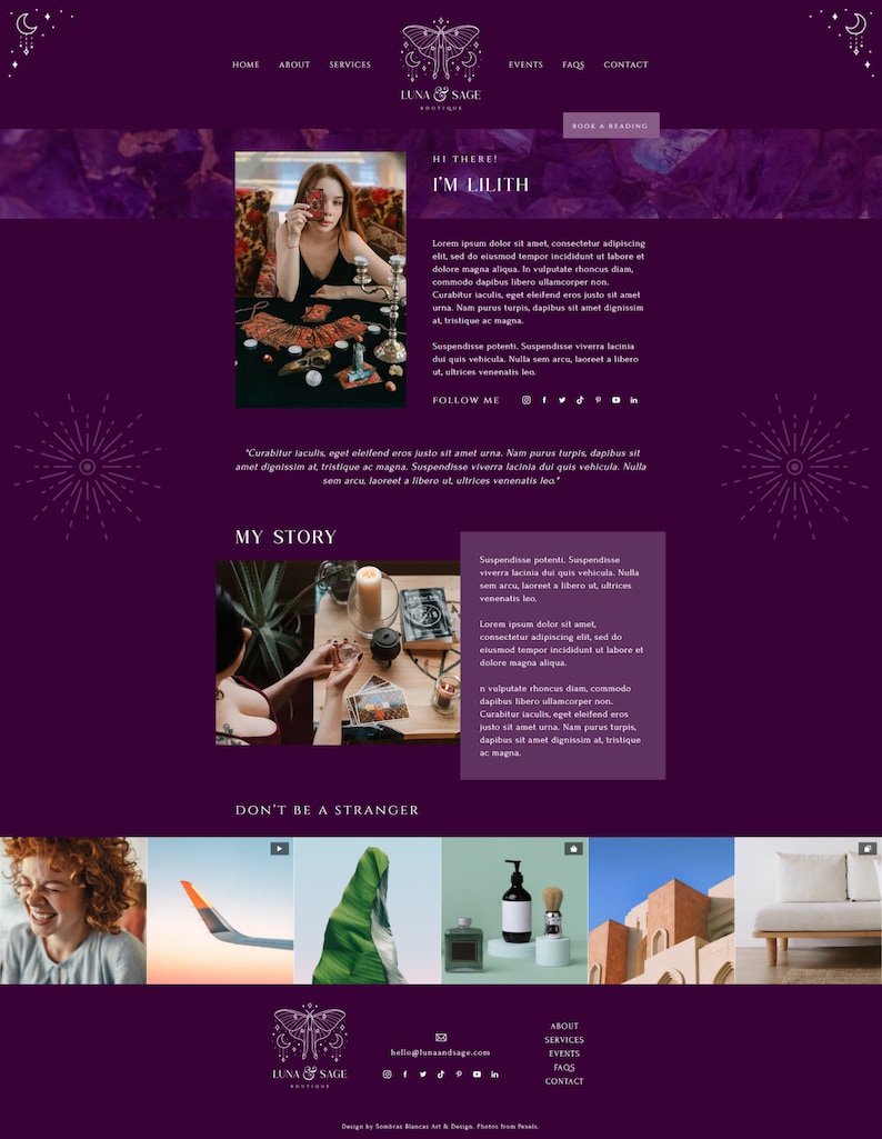 May include: A website homepage for Luna & Sage Boutique, a business that offers readings and services related to spirituality and witchcraft. The website features a purple background with a butterfly logo and text that says "Hi There! I'm Lilith". The text is accompanied by an image of a woman holding tarot cards in front of a dark background with candles and other occult objects.