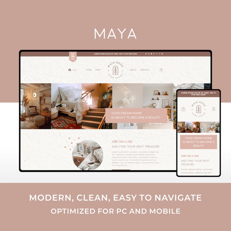 May include: Website homepage for Maya Rose Home Decor, featuring a collage of images of home decor items and the text "Your dream home is about to become a reality".