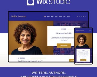 May include: A website design for Wix Studio, showcasing Ottilie Evensen. The website is shown on a desktop and a mobile device, with the text "Writers, Authors, and Freelance Professionals" at the bottom. The design has a purple and gold color scheme.