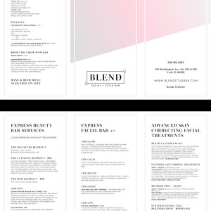 May include: A pink and white flyer for Blend Facial + Style Bar, a salon offering beauty and hair services. The flyer lists services such as facials, blowouts, and brow tinting. The salon's address, phone number, and website are listed at the top of the flyer.