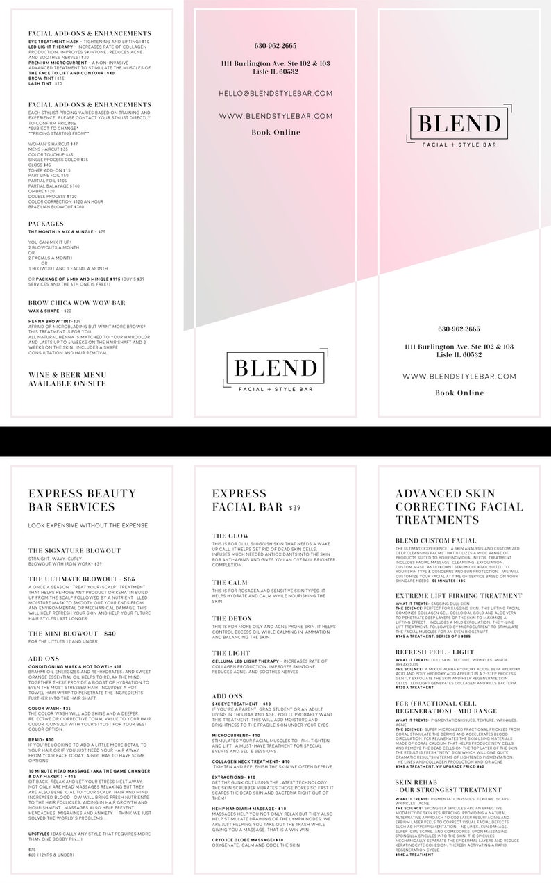 May include: A pink and white flyer for Blend Facial + Style Bar, a salon offering beauty and hair services. The flyer lists services such as facials, blowouts, and brow tinting. The salon's address, phone number, and website are listed at the top of the flyer.