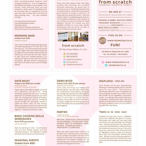 May include: A pink and white flyer advertising cooking classes and parties at From Scratch in Midleton, Cork, Ireland. The flyer includes information about different types of classes, including teenage chefs, morning bake, date night, demo bites, basic cooking skills workshops, and seasonal events. It also includes information about adult parties and teen parties. The flyer includes the website and phone number for From Scratch.