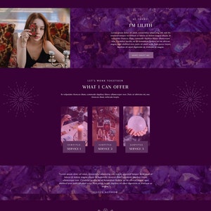 May include: A website homepage for a business called Luna & Sage Boutique. The website features a purple background with images of crystals, tarot cards, and a woman holding a crystal ball. The text on the website says "You are full of light & magic" and "Uncover your truth. Find out more."