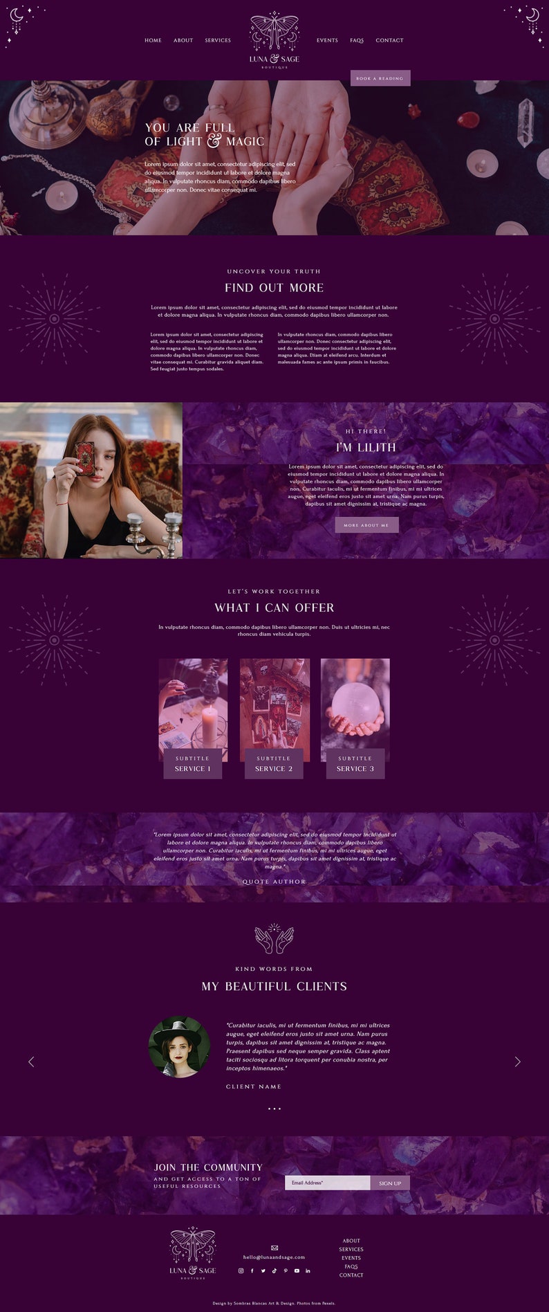 May include: A website homepage for a business called Luna & Sage Boutique. The website features a purple background with images of crystals, tarot cards, and a woman holding a crystal ball. The text on the website says "You are full of light & magic" and "Uncover your truth. Find out more."