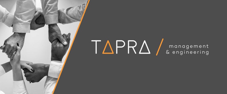 May include: A black and white image of a group of people holding hands in a circle. The image is cropped to show only the hands and arms of the people. The background is a dark gray color. The text "TAPRA / management & engineering" is in white and orange on the right side of the image.