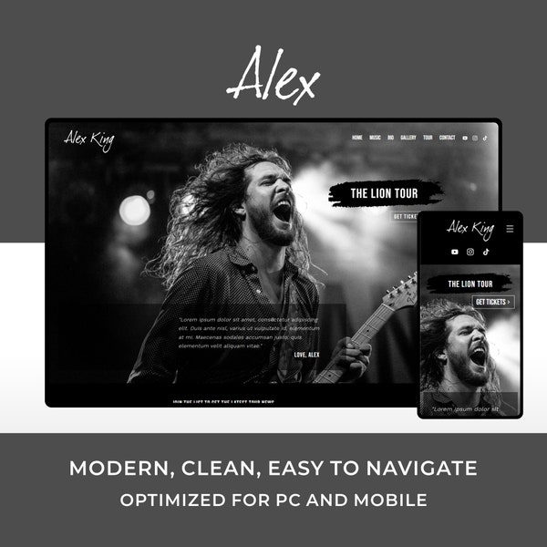 Diseño de plantilla de sitio web Wix para músicos y bandas / Alex / Diseño de sitio web moderno y elegante