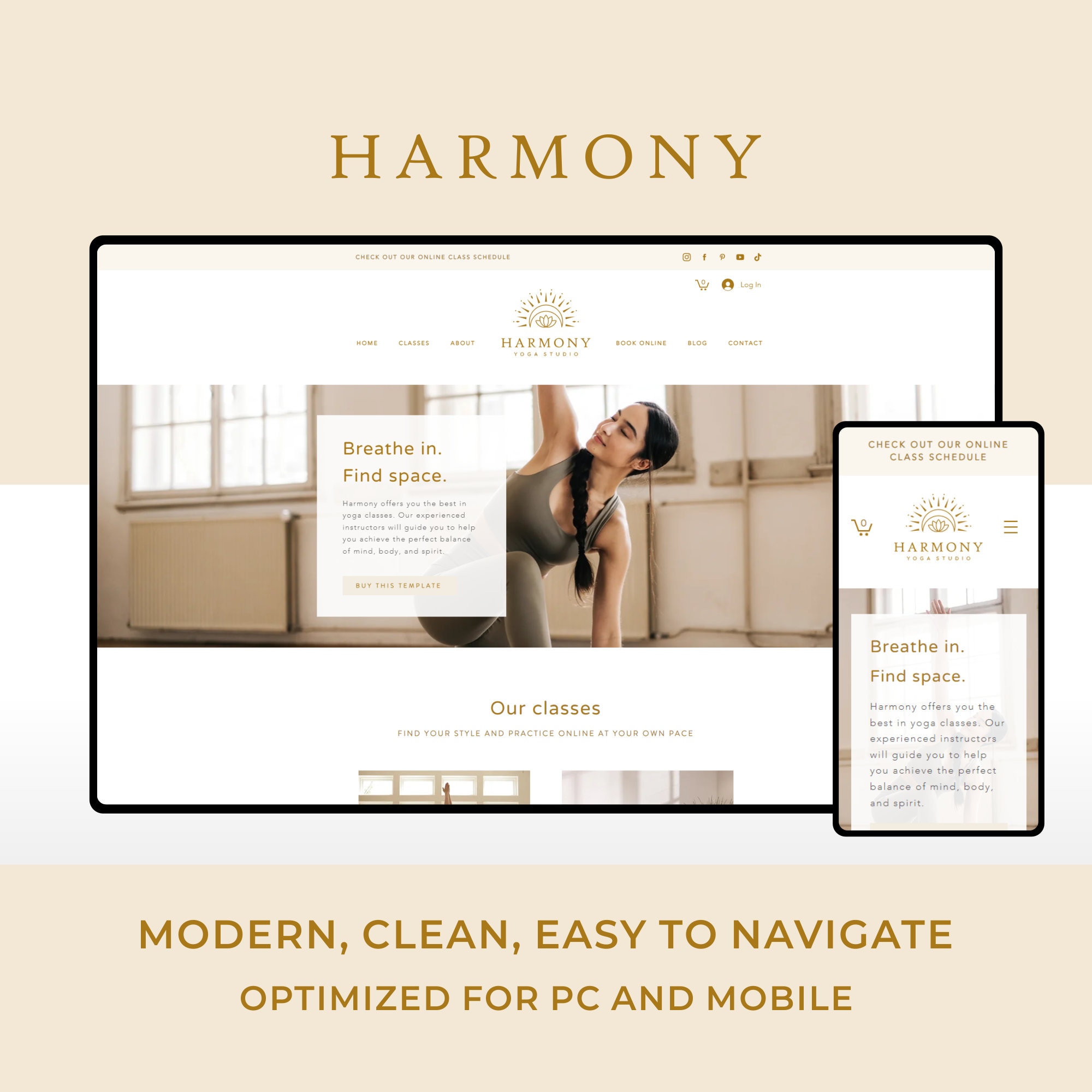 Wix Website Template Design for Yoga Teachers and Yoga Studios | Harmony | Booking System + Online Payment | Elegant Website Design