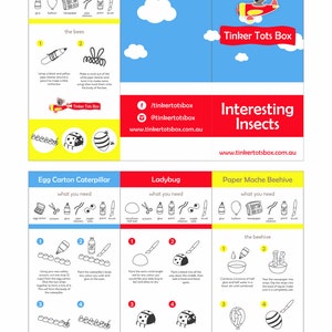 May include: A printable craft activity sheet with instructions for making a paper mache beehive, an egg carton caterpillar, and a ladybug. The sheet includes a list of materials needed for each craft, as well as step-by-step instructions with illustrations.