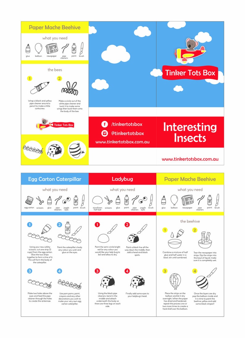 May include: A printable craft activity sheet with instructions for making a paper mache beehive, an egg carton caterpillar, and a ladybug. The sheet includes a list of materials needed for each craft, as well as step-by-step instructions with illustrations.