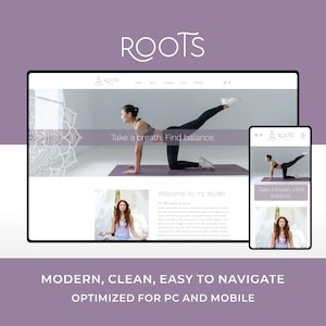 May include: A website homepage for a yoga studio called "ROOTS". The website features a woman in a yoga pose on a purple mat with a white mandala design in the background. The text "Take a breath. Find balance." is displayed on the website. The website is optimized for both desktop and mobile devices.