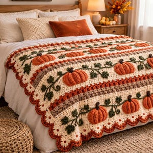 May include: A cream-colored crochet blanket featuring horizontal rows of textured orange pumpkins with dark green vines and leaves. The blanket has a scalloped edge with a repeating floral pattern and is draped over a bed with white pillows.