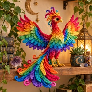 Könnte beinhalten: Eine gehäkelte Phönix-Figur in einer leuchtenden Regenbogen-Farbpalette. Der Fabelvogel hat ausgebreitete Flügel, einen behaubten Kopf und einen langen, fließenden Schwanz mit geschwungenen Spitzen und detaillierter Federstruktur.