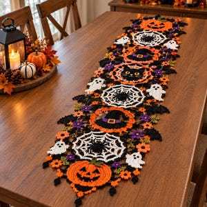 Könnte beinhalten: Ein langer, rechteckiger Halloween-Tischläufer aus Häkelarbeit mit komplizierten schwarzen Spitzenmustern, durchsetzt mit orangefarbenen Kürbissen, weißen Spinnennetzen mit schwarzen Spinnen, weißen Geistern, schwarzen Hexenhüten sowie kleinen lila und orangefarbenen Blumen.