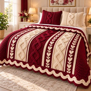 May include: A bedspread and two throw pillows featuring a chunky knit texture. The set displays a color-blocked pattern of deep burgundy and cream, accented with vertical cable knit stripes, leaf motifs, and a scalloped cream-colored border.