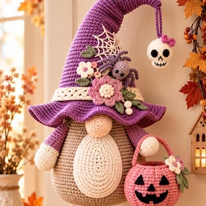 Patrón de ganchillo de gnomo de Halloween en PDF / Bruja amigurumi, calabaza, araña, calavera, telaraña, sombrero floral / Descarga digital / Decoración de otoño / Tutorial instantáneo