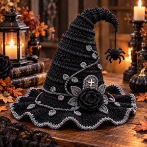 Crochet Witch Hat Pattern PDF, Halloween Gothic Graveyard Rose Curved Brim, Spider Tombstone Vine Leaves, Black Decor, Digital Download