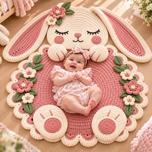 May include: A round, crocheted rug shaped like a bunny face with long ears, featuring a cream-colored center, pink accents, and floral embellishments. The rug has a scalloped edge and includes crocheted flowers and green leaves.