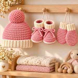 Haakpatroon voor een babyset (PDF): mutsje, babyschoentjes en wantjes, kraamcadeau, aandenken voor een babyshower, direct te downloaden, handgemaakte babyuitrusting, doe-het-zelfproject