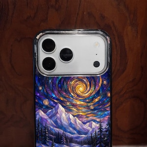 May include: A smartphone case featuring a vibrant, stained-glass style illustration of a swirling night sky above snow-capped mountains, a dark forest, and a reflective river. The design uses deep blues, purples, and bright yellow accents.