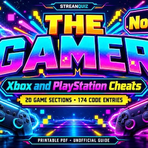 Pode incluir: Um gráfico digital para um guia de jogos intitulado THE GAMER No.1 Xbox and PlayStation Cheats, com 20 seções de jogo e 174 entradas de código. O design inclui dois controles de jogo pretos, raios neon rosa e azul, e texto.
