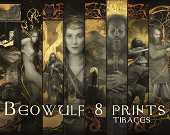 Fine Art Giclee Print A3+ of "Beowulf : Grendel's Mother's Mere", limited to 100 copies, signed, stamped, gilded (24k) and numbered.