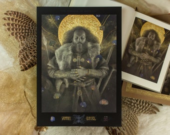 May include: A black and white illustration of a man with a beard and long hair, wearing a fur-trimmed coat and holding his hands together. The background is a dark gold with a circular design and blue flowers.