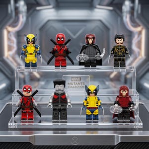 May include: A Marvel Mutants Collection display set featuring eight miniature plastic figures on a two-tiered clear acrylic stand. The figures include characters in yellow and blue, red and black, and black and grey outfits, some with accessories like swords and translucent energy discs.