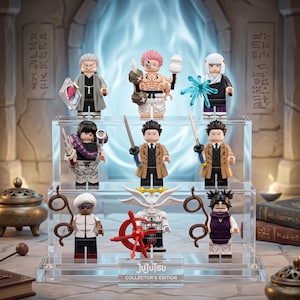 May include: A collection of nine Jujutsu Kaisen character minifigures displayed on a three-tiered clear acrylic stand. The base of the stand features the text Jujutsu Collector's Edition. Each figure includes unique accessories like swords and magical effects.