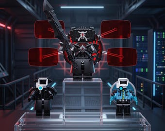 May include: Three black and blue plastic action figures with robotic features. The central figure holds a large black sword and has four red rectangular panels extending from its back. Two smaller figures with white screen-like heads stand below.
