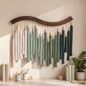 May include: A wall hanging featuring a curved dark wood bar with hanging cotton cords in shades of cream, sage green, and dark forest green. Each cord is accented with small wooden beads and ends in a tassel, creating a layered, flowing design.