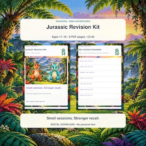 Puede incluir: Un kit de revisión digital Jurassic para edades de 11 a 16 años, con 9 páginas PDF. El kit incluye un paquete de actividades imprimible con ilustraciones de dinosaurios, un horario de revisión y el texto: Small sessions. Stronger recall.