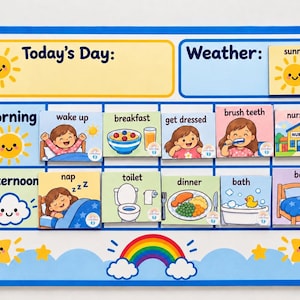 May include: A white magnetic daily routine chart with blue borders featuring sections for Today's Day, Weather, Morning, and Afternoon. It includes colourful illustrated tiles for activities like wake up, breakfast, brush teeth, nap, and bath with text.