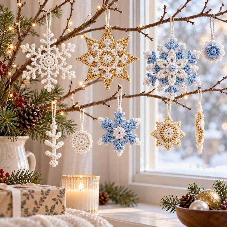 May include: A collection of crocheted ornaments hanging from branches, including white, gold, and blue snowflakes, a circular white medallion, and a white fern-like piece. Each ornament features intricate yarn stitching and a small loop for hanging.