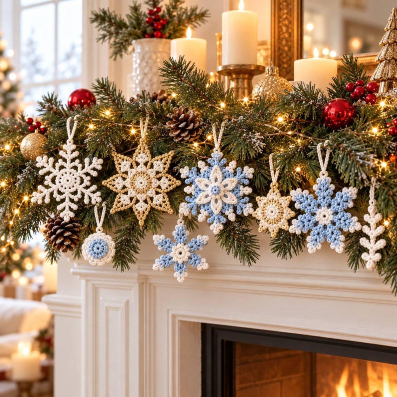 May include: A collection of crocheted snowflake ornaments in white, light blue, and gold hanging from a green pine garland. The ornaments feature intricate geometric patterns and loops for hanging, displayed alongside pinecones and warm string lights.