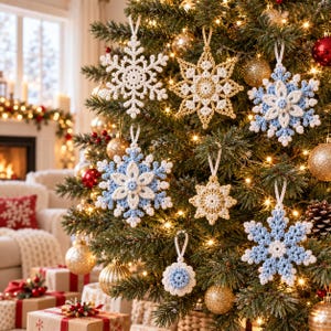 May include: A collection of handmade crochet snowflake ornaments in white, gold, and light blue hanging on a Christmas tree. The ornaments feature intricate, star-shaped patterns with loops for hanging, interspersed among gold and red baubles.