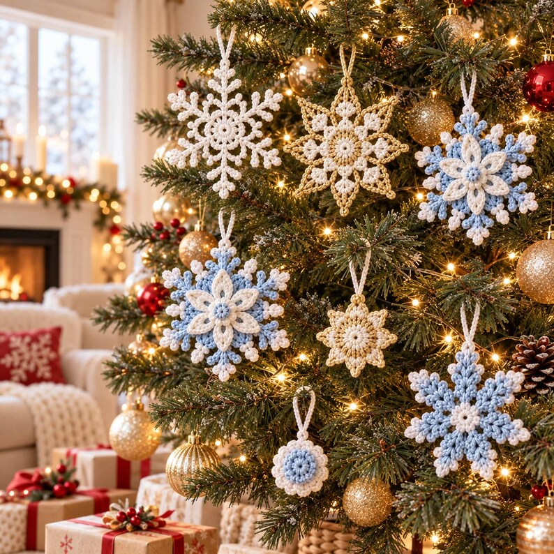 May include: A collection of handmade crochet snowflake ornaments in white, gold, and light blue hanging on a Christmas tree. The ornaments feature intricate, star-shaped patterns with loops for hanging, interspersed among gold and red baubles.