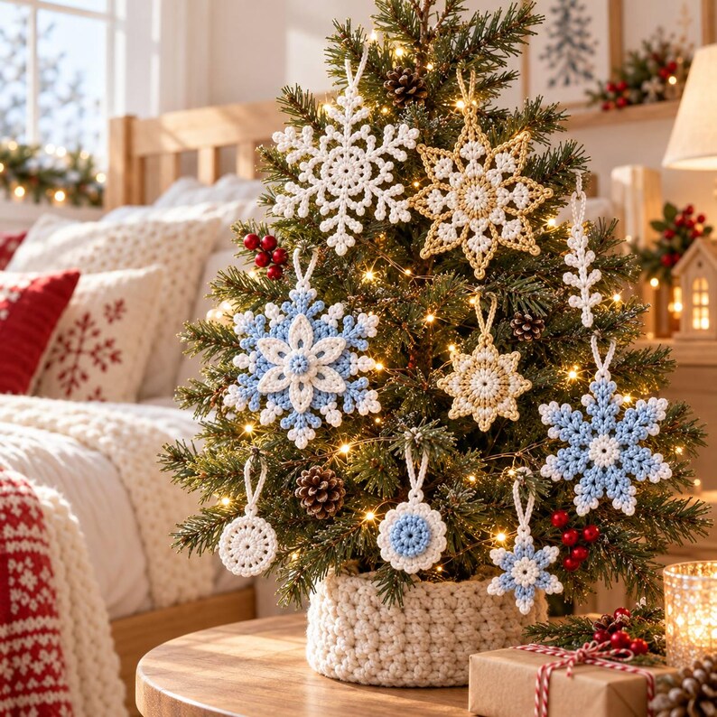 May include: A small Christmas tree decorated with various crocheted ornaments, including white, light blue, and gold snowflakes, circular medallions, and star shapes, all featuring intricate yarn patterns and hanging loops.