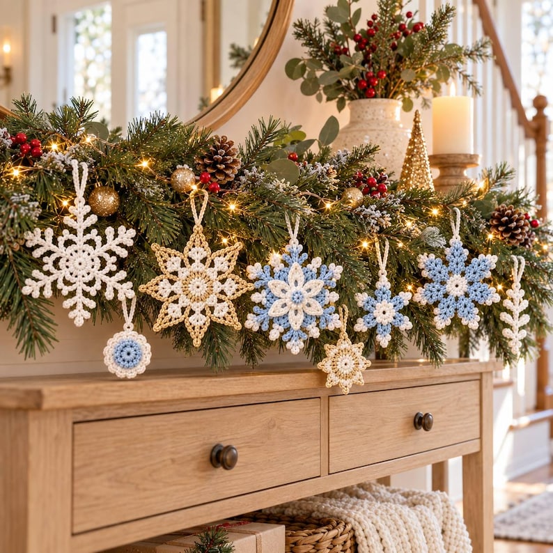 May include: A collection of crocheted snowflake ornaments in white, gold, and light blue hanging from a green pine garland. The ornaments feature intricate lace-like patterns and loops for hanging, displayed in a variety of sizes and shapes.