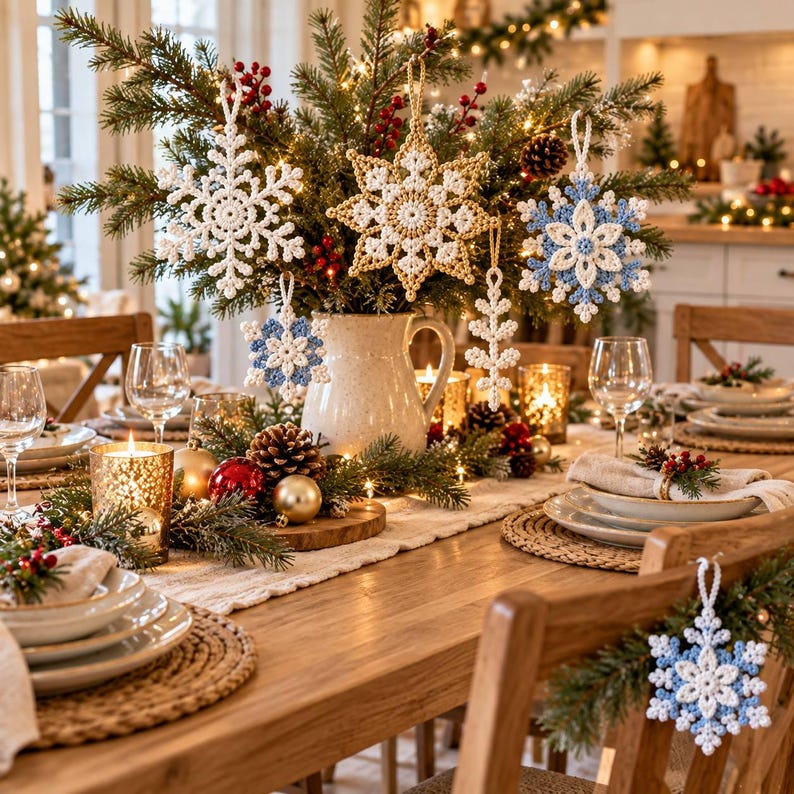 May include: A collection of crocheted snowflake ornaments in white, gold, and light blue hanging from a pine branch arrangement in a ceramic pitcher. The ornaments feature intricate geometric patterns and are displayed on a dining table.