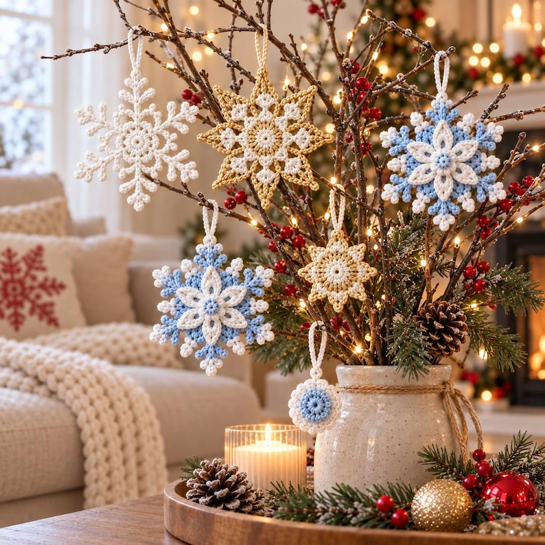 May include: A collection of six crocheted snowflake ornaments in white, gold, and light blue hanging from bare branches in a ceramic vase. The ornaments feature intricate geometric patterns and loops for hanging, displayed with pinecones and red berries.