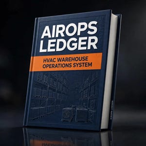 May include: A dark blue hardback book titled AIROPS LEDGER HVAC WAREHOUSE OPERATIONS SYSTEM. The cover features a debossed illustration of warehouse shelving units filled with HVAC equipment, with white text and an orange horizontal band.