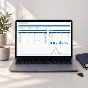 May include: A silver laptop displaying a digital dashboard with data tables, bar charts, and a line graph on its screen. The screen interface features blue headers, white backgrounds, and various statistical metrics presented in a grid layout.