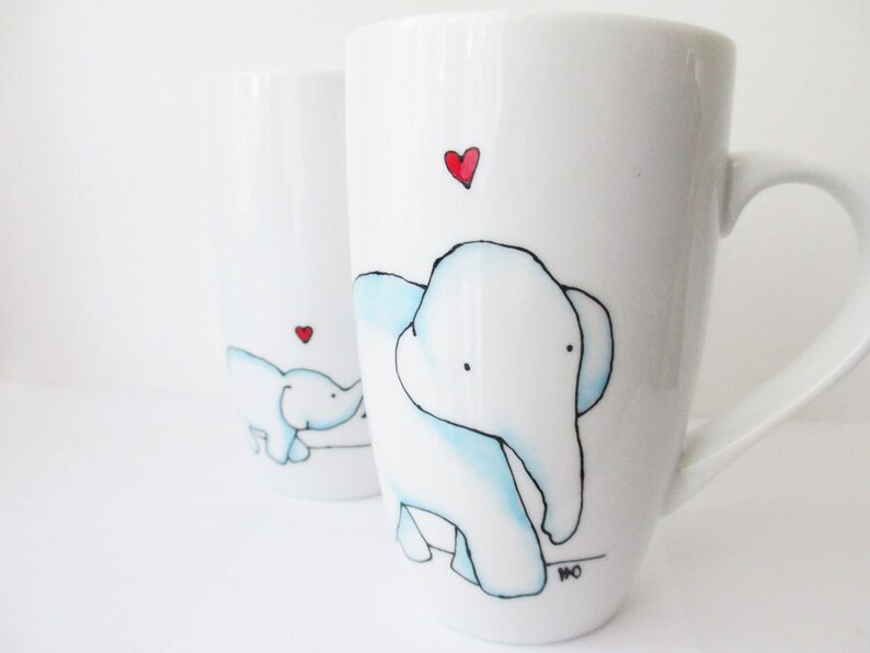 Hand Painted Porcelain Coffee Tea Mug With Elephants Minimal Etsy