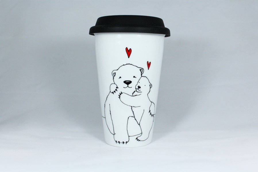 11 Oz ou 16 Polar Bear Hug Travel Mug, Mama Peint à La Main, Baby Bear, Eco Thermal Double-Wall Porc