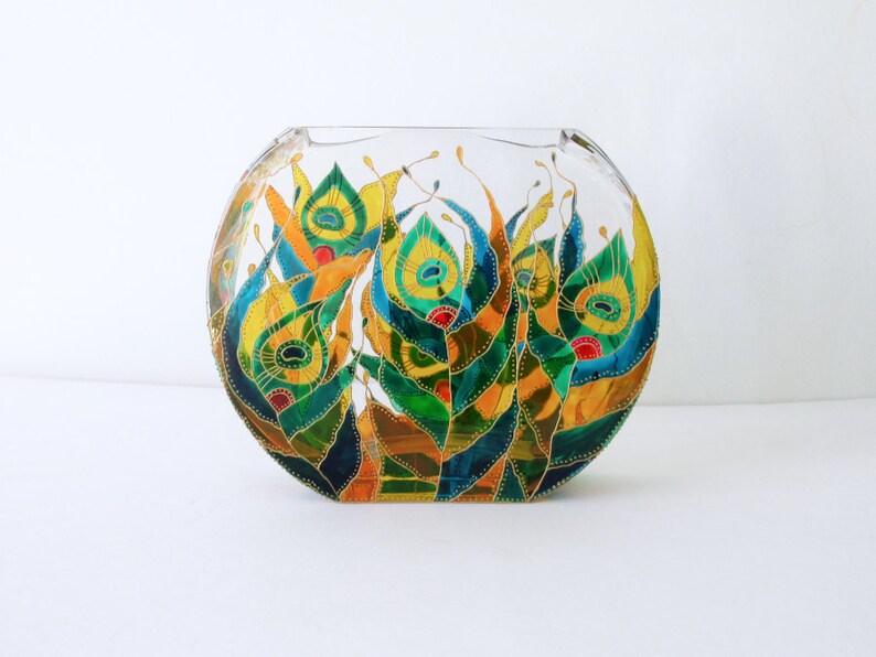 PEACOCK FEATHER Hand Painted Glass Vase Peacock Feather Etsy